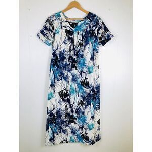 Vintage Paradise Hawaii Native Stamp Blue White Short Sleeve‎ Midi Dress XXS
